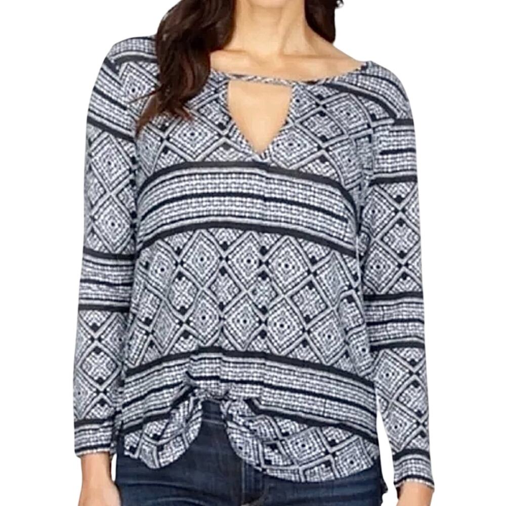 Lucky Brand Mosaic Geo Stripe Top M Navy Blue Keyhole Cutout Twist Front